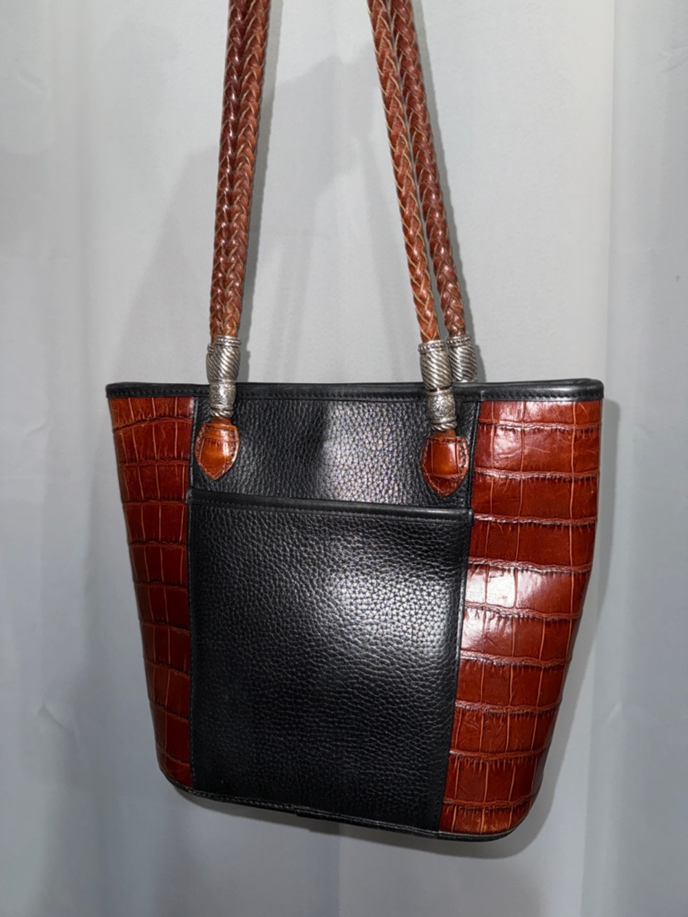 Brighton Black and Brown Croc-Accent Shoulder Tote